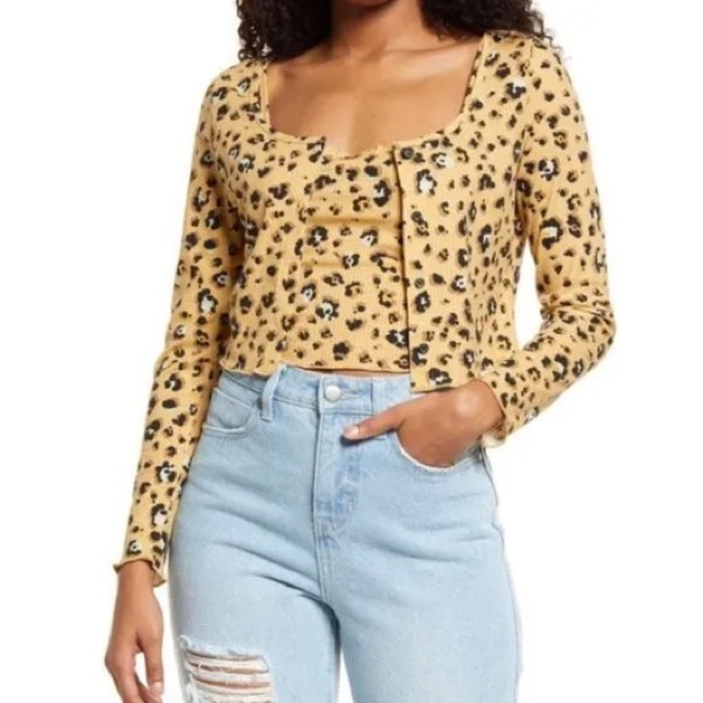 BP. Crop Rib Cardigan and Cami Set in Leopard Print Size S